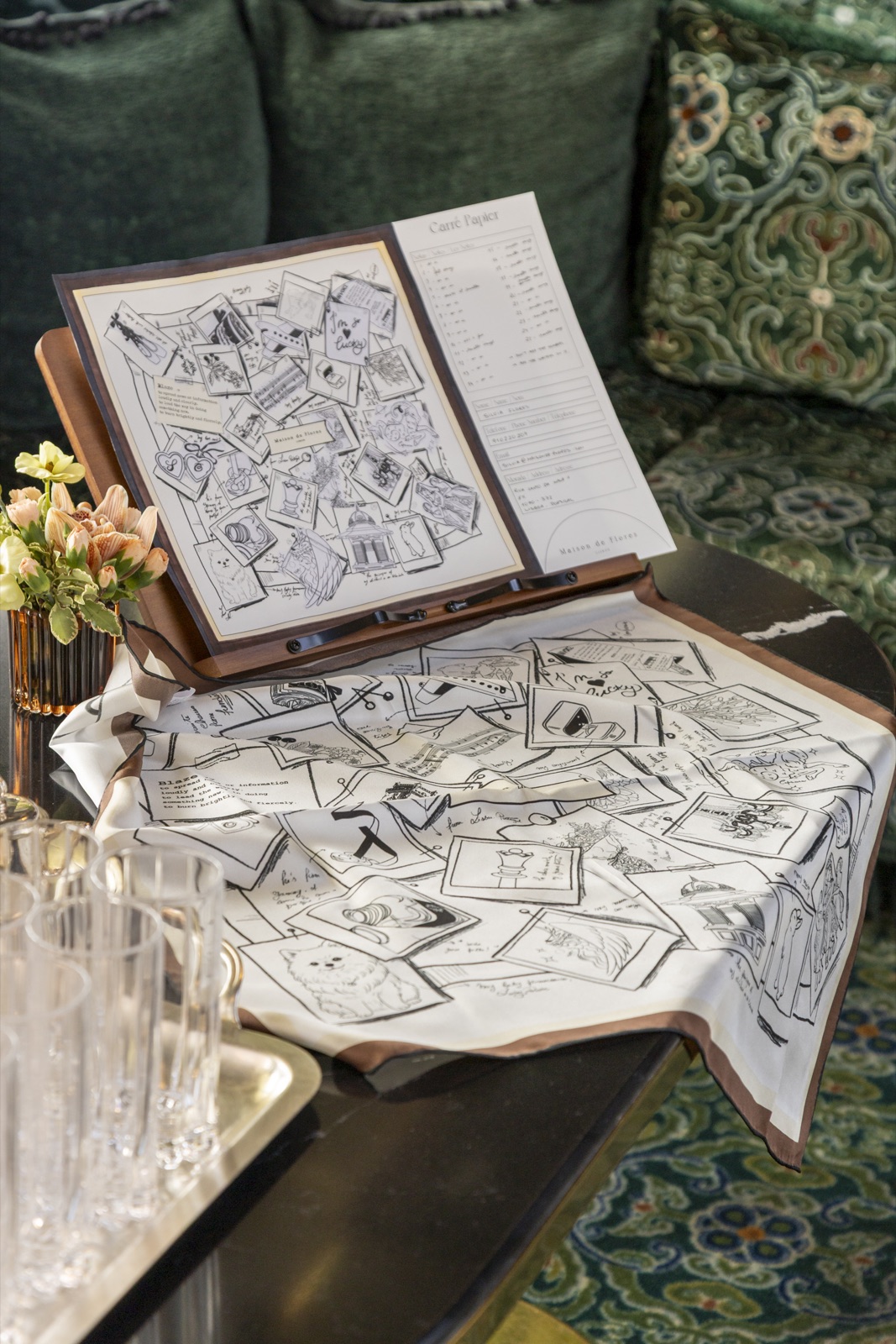 The papier carré on its easel beside the finished silk scarf, at JNcQUOI Club